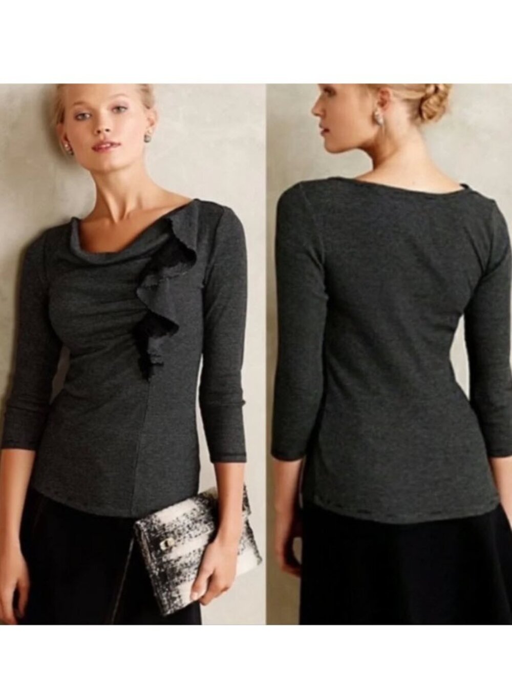 Anthropologie Deletta Ophelia Ruffle Stripe Knit Top XL Black White